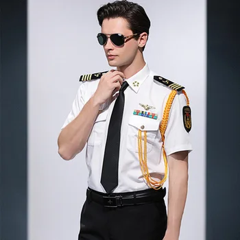 

Captain uniforms 2019 New Fashion Stage Costumes Men Shirts Mens Work Shirts Brand Long Short Sleeve Solid Men Dress Shirt White