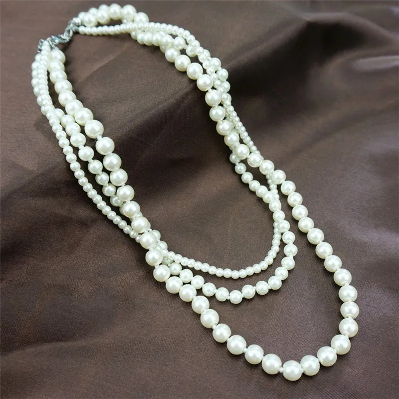 

Women Classic Multi layer Ivory Round Simulated-pearl Imitation pearl Necklace Handmade Different Size Pearls Necklace Jewelry