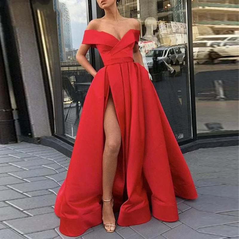 С плеча сексуальные платья для выпускного вечера ноги Сплит атласные вечерние платья выпускного вечера Бальные вечерние платья - Цвет: Красный