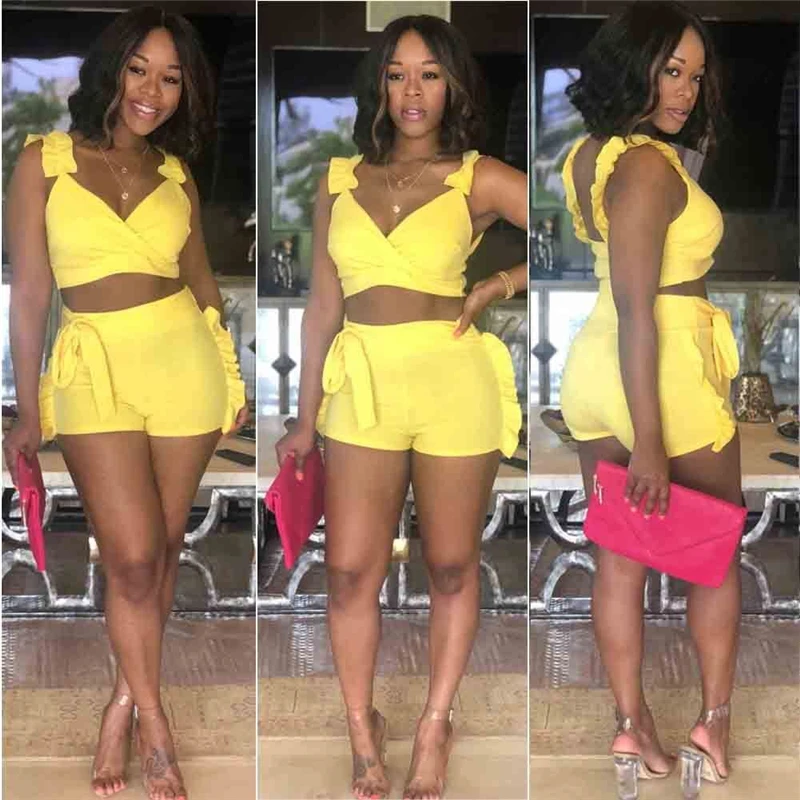 

Women Neon Two Piece Set Summer Fashion Sexy Party Clubwear Casual Drawstring Outfit Vest Cami Top Ruched Short Hotpant Clothing