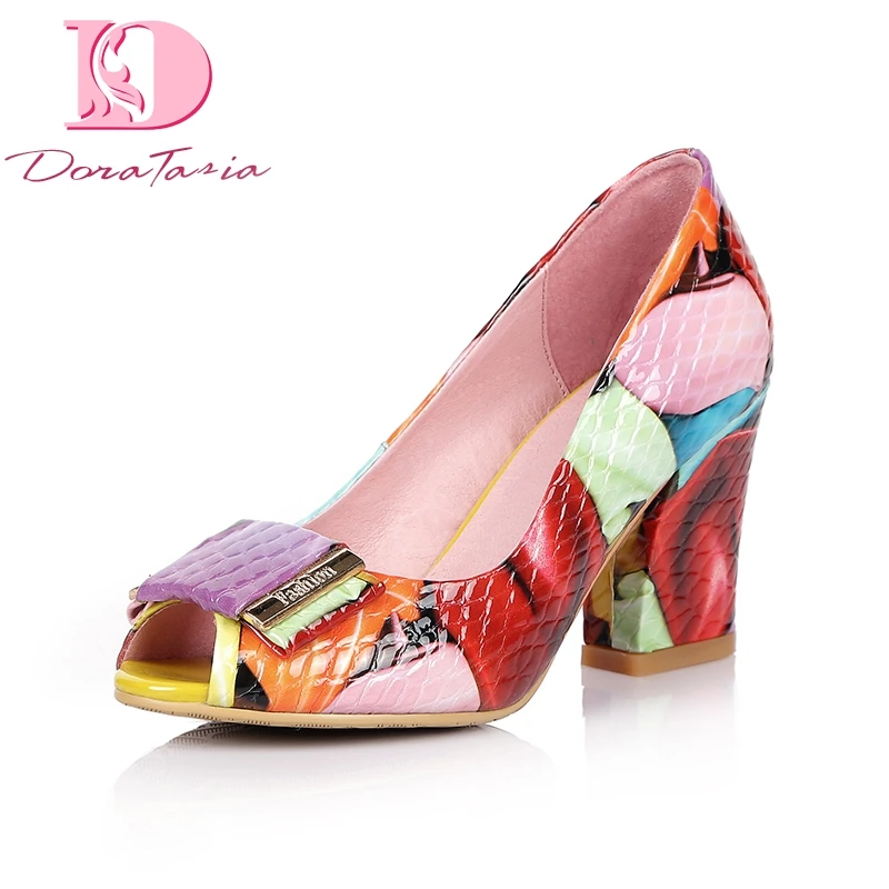 

Doratasia Brand Shoes Women Colorful Print Genuine Leather High Heel Shoes Woman Pumps Peep Toe Large Size 33-44