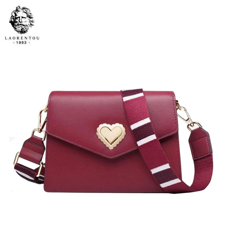 

LAORENTOU women leather bag 2019 fashion leather one-shoulder ladies wide shoulder strap heart-shaped crossbody pouch