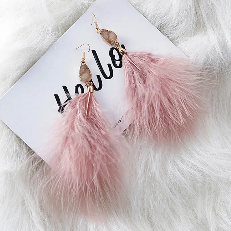 

Pink Quartz Stone Feather Long Drop Earrings for Women Holiday Beach Statement Feather Tassel Earrings Fashion