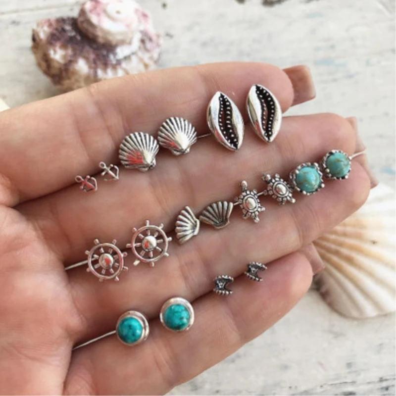 

9 Pairs/Pack Brincos Mixed Summer Ocean Beach Shell Rudder Stud Earrings For Women Waterdrop Crystal Ear Studs Fashion Jewelry