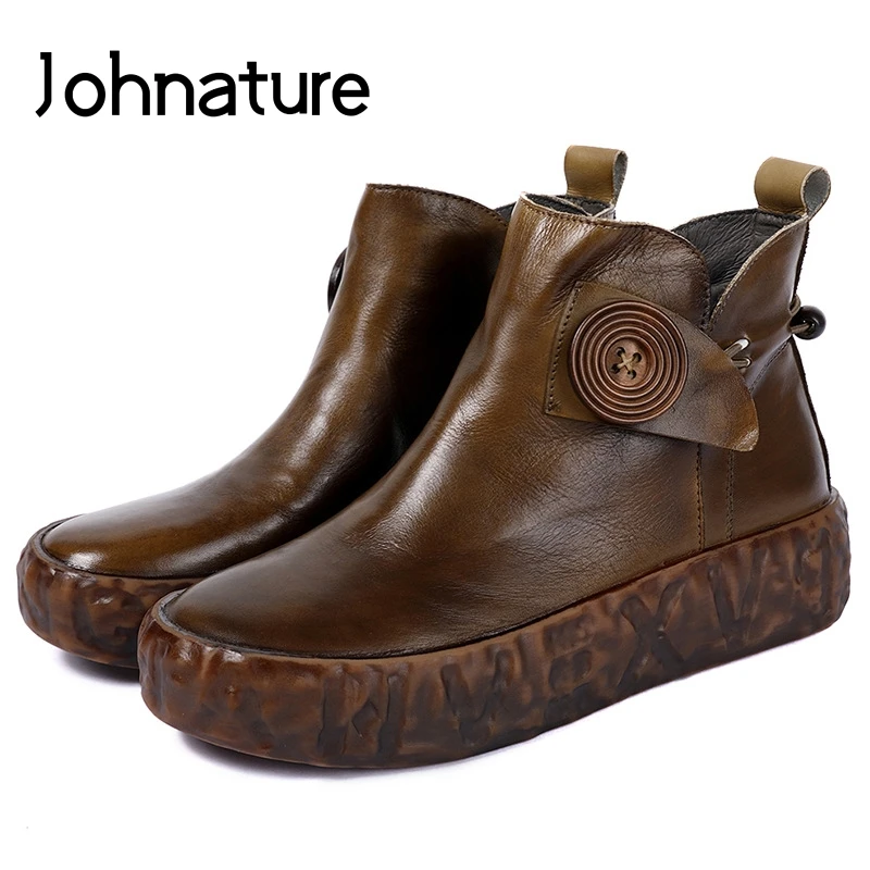 

Johnature New 2019 Spring/Autumn Genuine Leather Retro Casual Round Toe Solid Button Flat Platform Ankle Boots Women Shoes