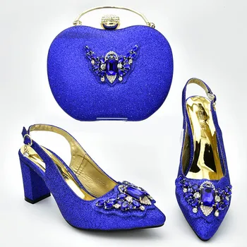 

New Royal Blue Best Selling Italian Design Shoes and Bag Set Matching African Shoes and Bag Set Nigerian Shoe with Appliques