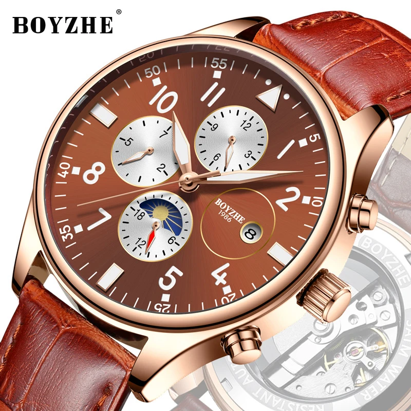 BOYZHE ووتش الرجال الفاخرة للماء الأزياء الأعمال عارضة الجلود الرياضة ساعات آلية الذاتي الرياح الجوف عودة التلقائي BOYZHE ووتش الرجال الفاخرة للماء الأزياء الأعمال عارضة الجلود الرياضة ساعات آلية الذاتي الرياح الجوف عودة التلقائي