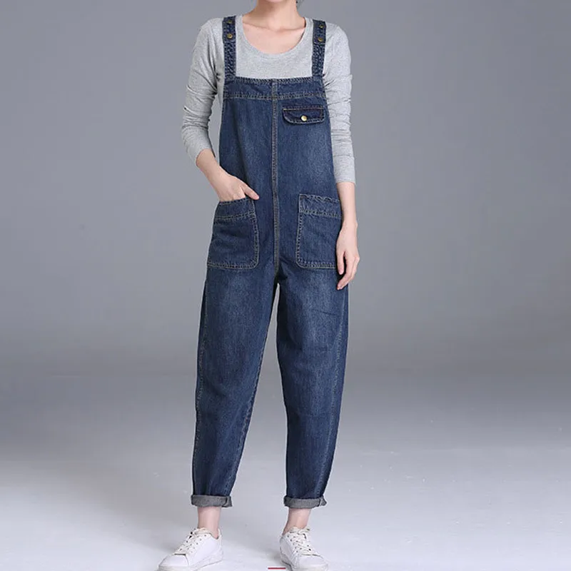 Plus Size 4XL 5XL Boyfriend Jeans For Women Pockets Denim Jumpsuits Long Pants Women Harem Jeans Overalls Wide Leg Rompers C4310