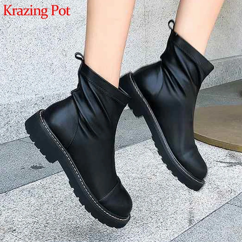 

Krazing pot vintage Autumn Winter European genuine leather slip on British school solid color Chelsea stretch ankle boots l0f5