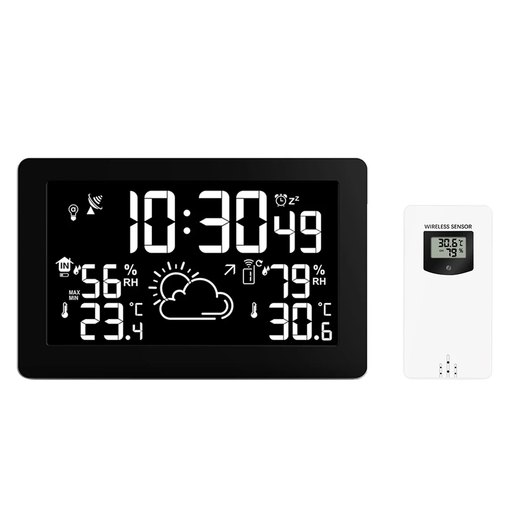 

8 Colors Large Screen Display Wireless Weather Station Temperature Humidity Weather Forecast RCC Snooze Alarm Clock USB Charge