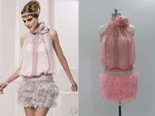 Real Sample Bild Romatic Sexy Mini Kurzen Dame Formale Kleid Halter Bördelte Backless Rosa Feder Exotische Cocktailkleider