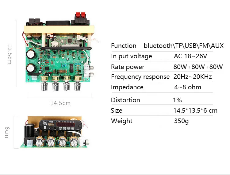 3*80 Вт Bluetooth 2,1 3 канала большой Усилитель мощности доска Многофункциональный TF \ USB \ FM \ AUX светодиодный дисплей дистанционное управление ЦАП для DIY