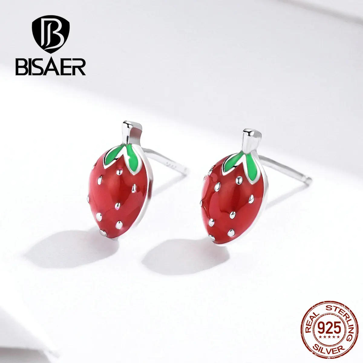 BISAER серьги с фруктами 925 пробы серебро Красная Эмаль клубника маленькие серьги гвоздики для женщин дешевые серебряные ювелирные изделия ECE626