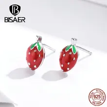 BISAER серьги с фруктами 925 пробы серебро Красная Эмаль клубника маленькие серьги гвоздики для женщин дешевые серебряные ювелирные изделия ECE626