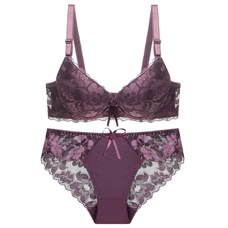 

2019 Women's Comfort Sexy Lace Push-Up Deep V Bra Set Brassieres Sheer Panties Brief Set Lace Lingeries Underwear Set BH