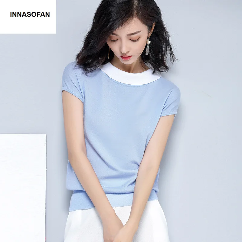 

INNASOFAN Slim Sweater Female Spring-Summer Knitwear Eurasian Fashion Sweater Sweater with turn-down collar and short sleeves