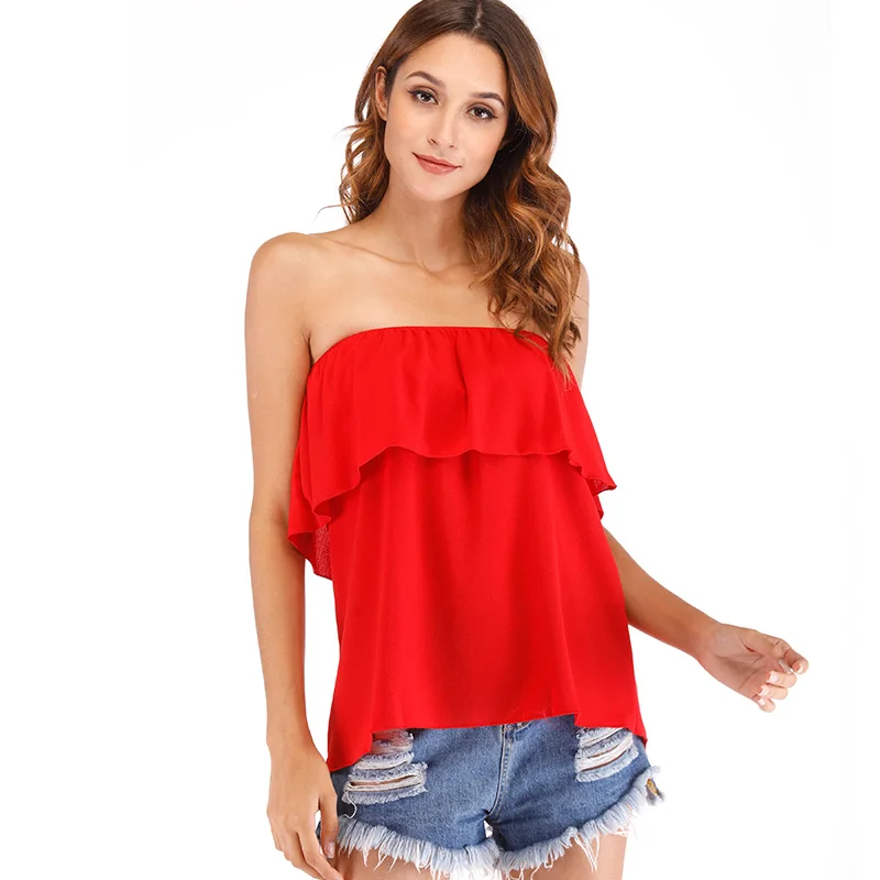 

Off Shoulder Top chiffon blouse Sleeveless Pullover Spliced Casual Fashion woman blouses 2019 new style