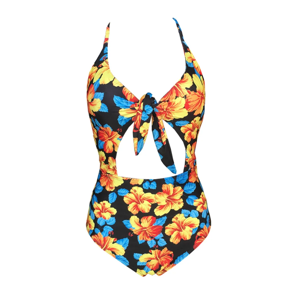 

Floral Yellow Swimwear Hollow Bodysuits One-piece Swimsuits Printed Sexy Bikini Women Push Up Monokini Chest Knot Bathing Suit