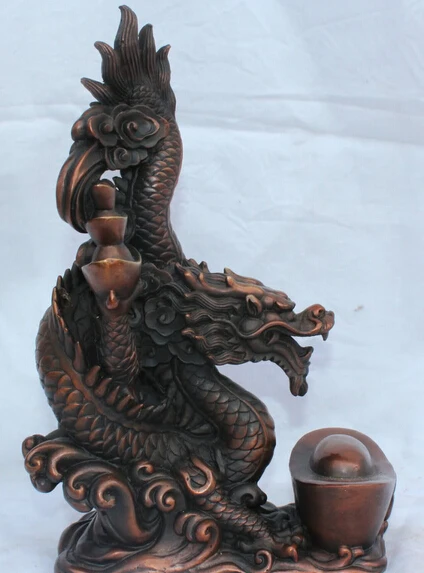 

JP S0524 10" Chinese Pure Bronze Zodiac Year Wealth Feng Shui Yuanbao DRAGON Statue J