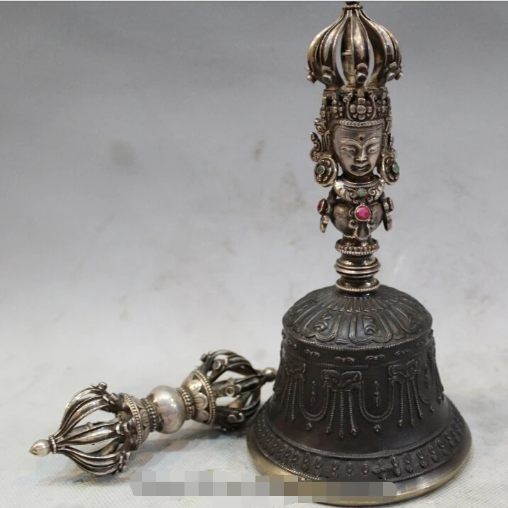 

free 7" old Tibet Buddhism Pure silver Gem Cloth bell Adder set fast