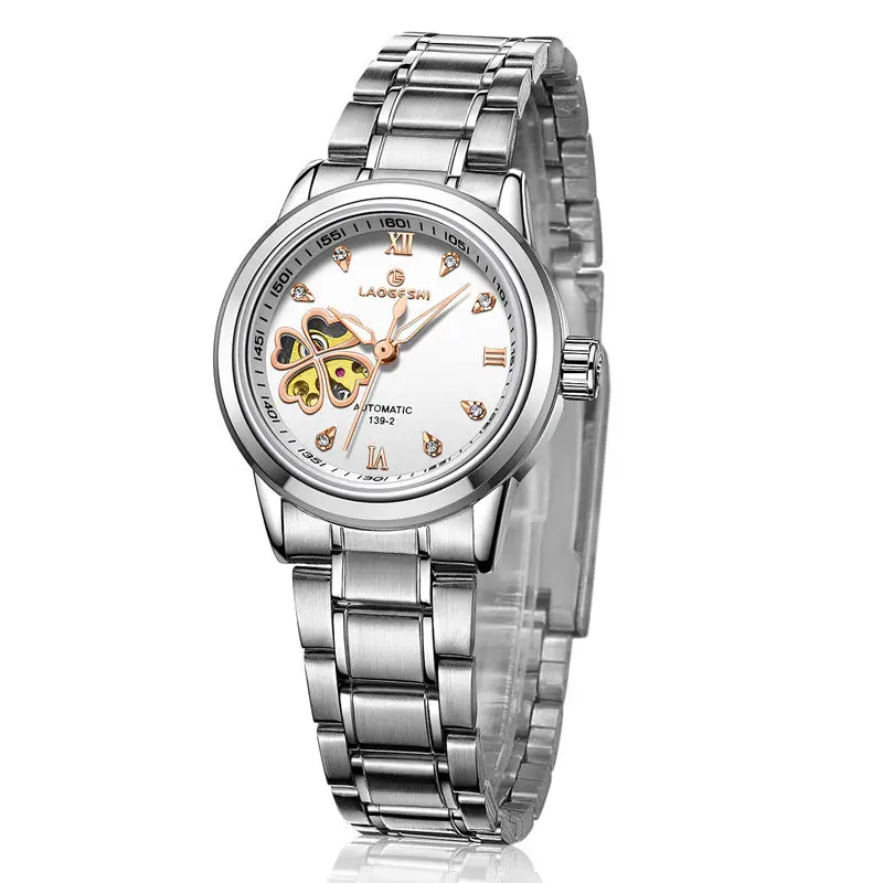 Алмазные четырехлистные наручные часы с клевером женские Автоматические механические часы женские розовые кожаные часы водонепроницаемые Senhoras Assistir - Цвет: silver white rose
