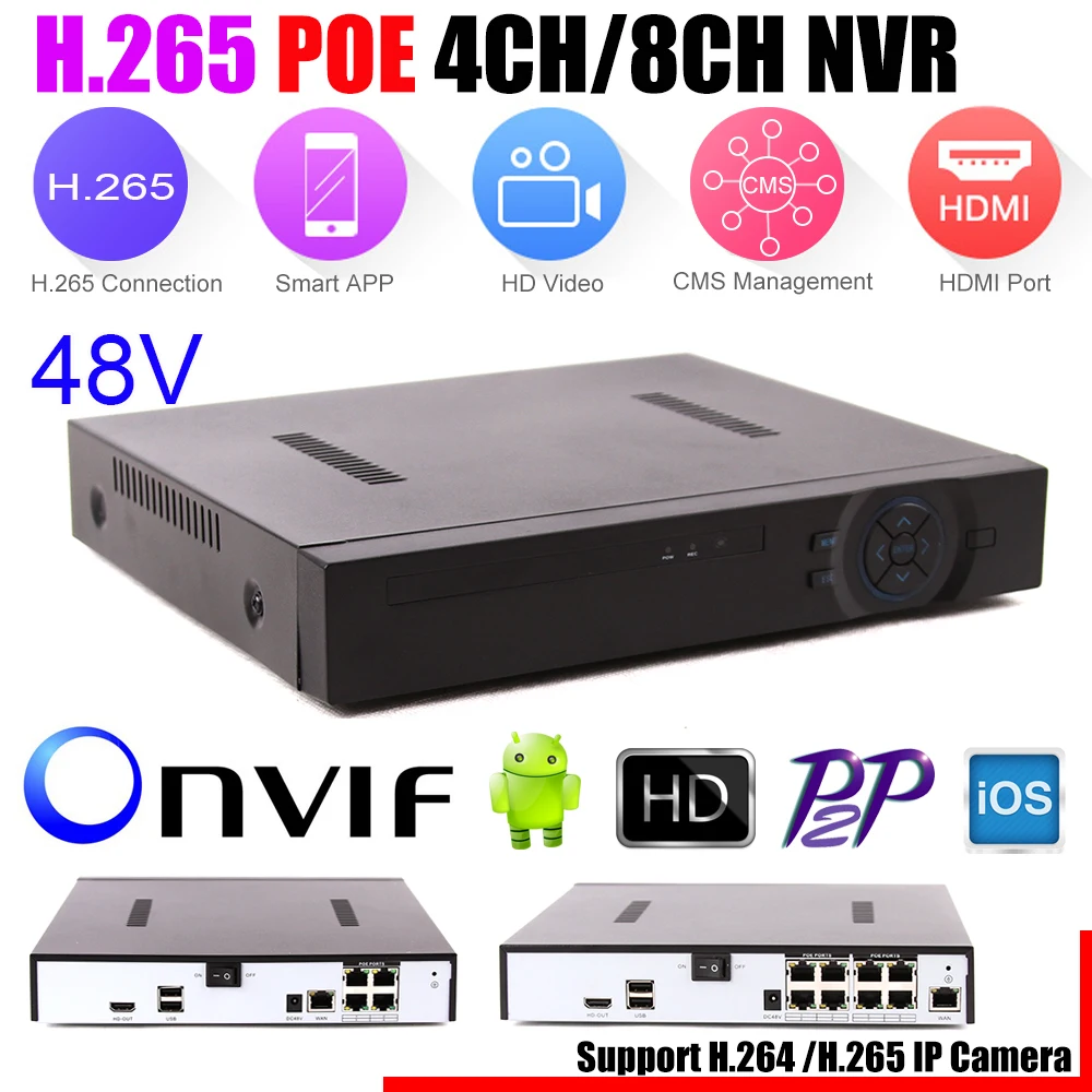 H.265 H.264 POE NVR Hi3798M 8CH 48V P2P ONVIF 4K POE приемник 4*5 Мп/8*4 Мп/4*3 м/16*960 P сети видео Регистраторы для IP Камера