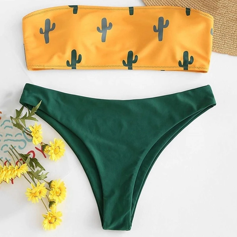 

Summer Women's Strapless Bra Set 2019 Strapless Cartoon Cactus Printing Bra Panties 2 Pieces Push-up Lingerie Set