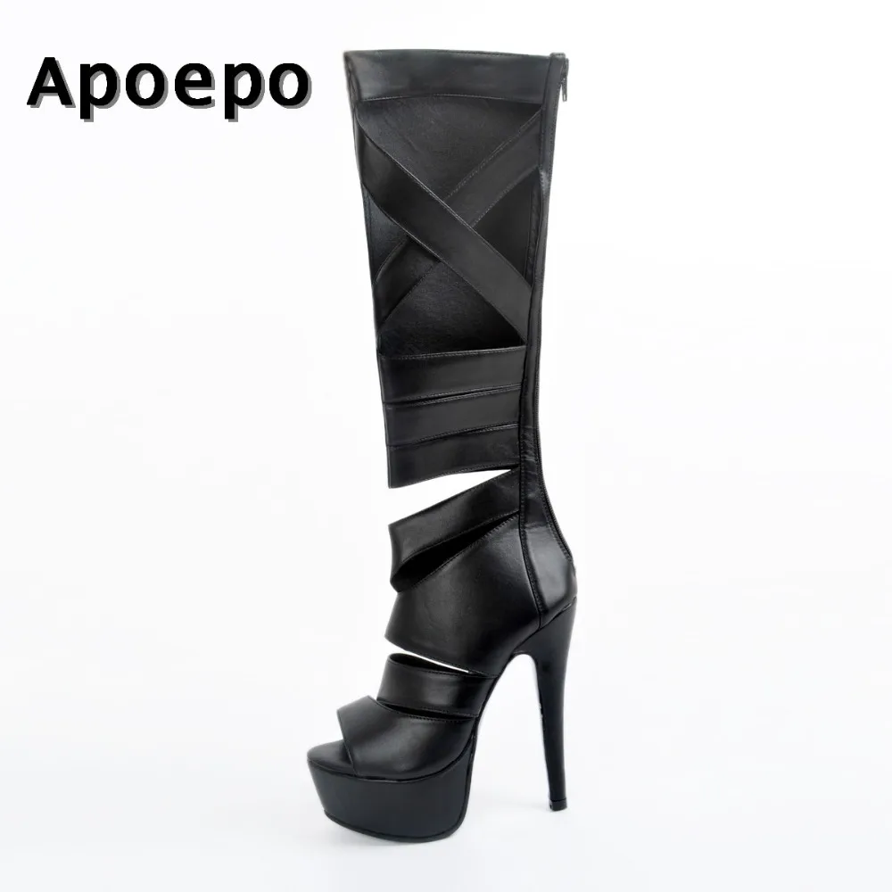 

New Hot Selling Black Leather High Heel Boots Sexy peep toe platform knee high boots 2018 Cutouts woman gladiator long boots