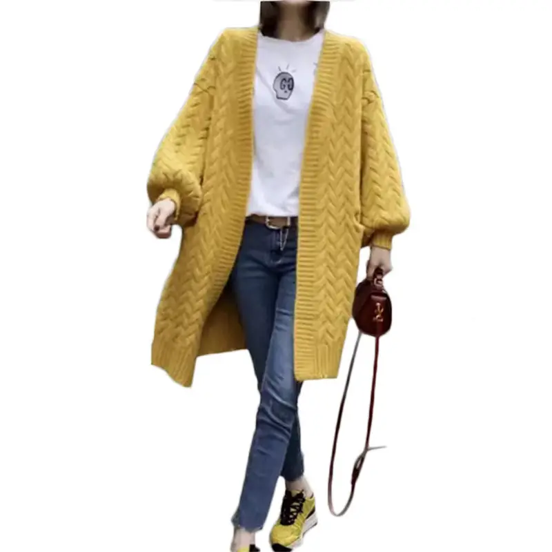 Korean Twist Long Sweater Jacket Women Knit Cardigan Woman Loose Lantern Sleeves Knitting Coat Thick Spring blusa de croche f225 |
