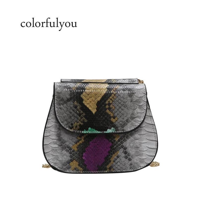 

Colored snake Saddle bag for women fashion small chain shoulder bag PU leather Messenger Bag luxury handbag for ladies purse