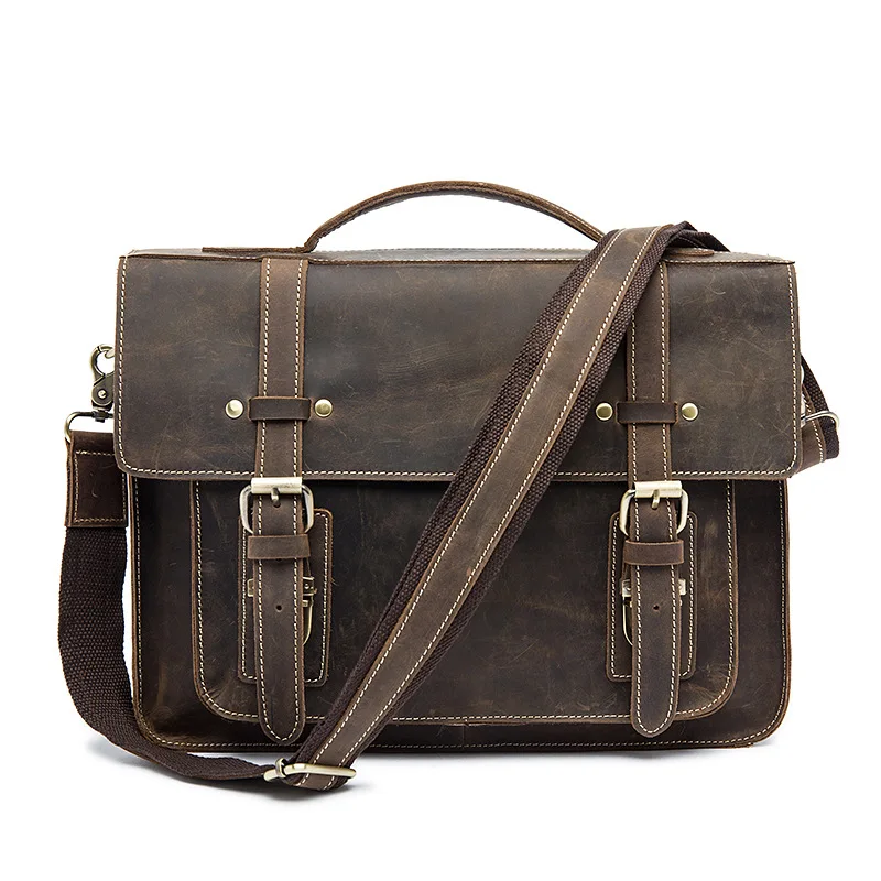 

Factory direct retro style design crazy horse man bag zipper buckle cover solid color first layer leather men' handbags