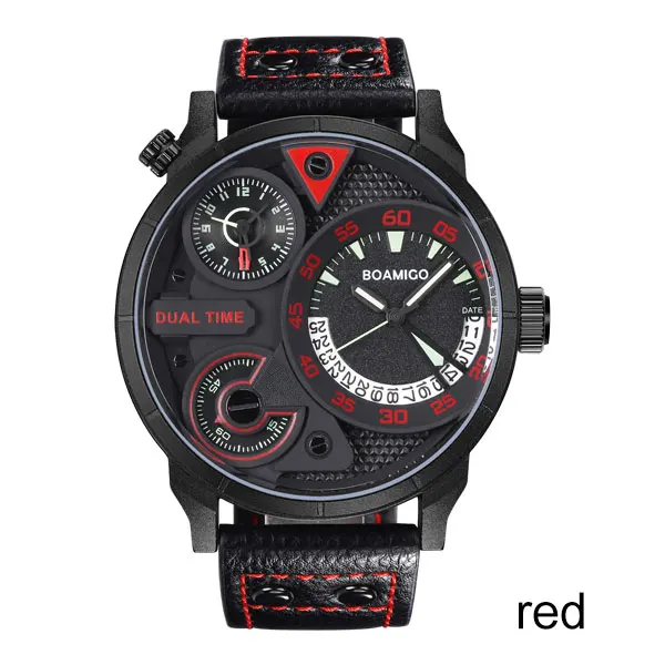 Мужские спортивные часы BOAMIGO брендовые Роскошные Мужские кварцевые часы кожа с двойным временем наручные часы 30 м водонепроницаемые часы relogio masculino - Цвет: red