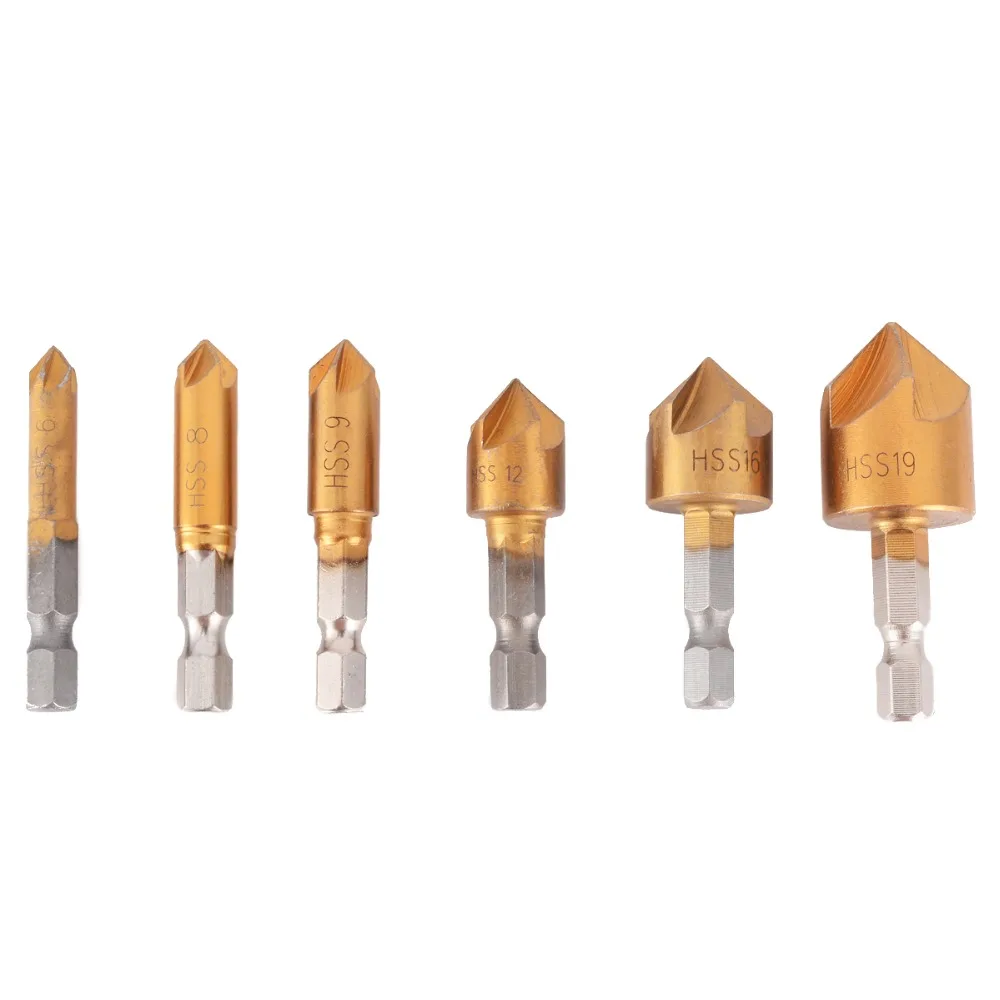 

6pcs/set 5 Flute Countersink Drill Bit Set 90 Degree Hex Shank Chamfer Cutter Tool 6-19mm For Power Tools