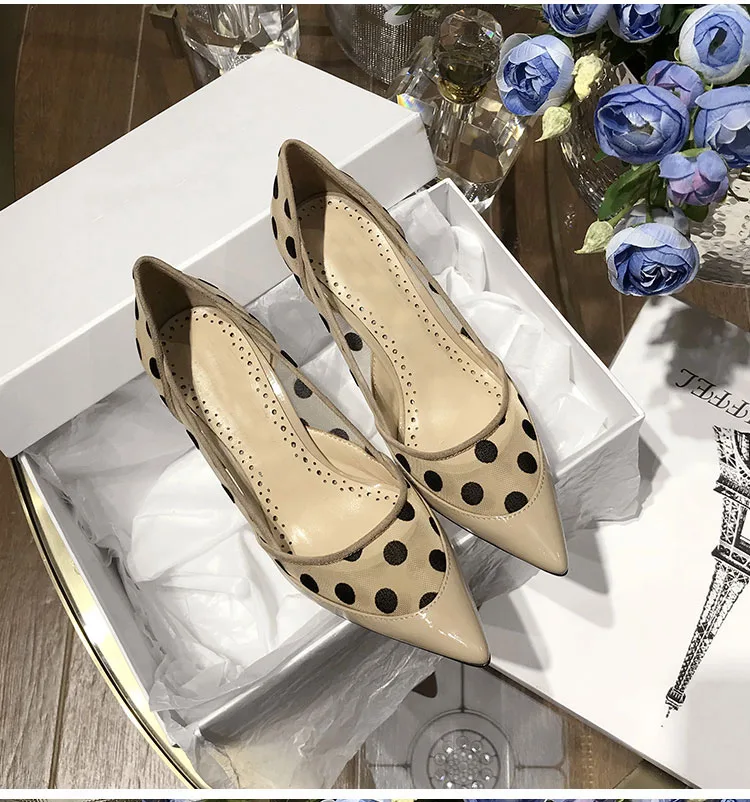 

Summer Polka Dot Women Pumps Pointed Toe Sexy Mesh Lace High Heels Nude Black Dress Shoes Slip On 8cm Heel Party Lady Shoes