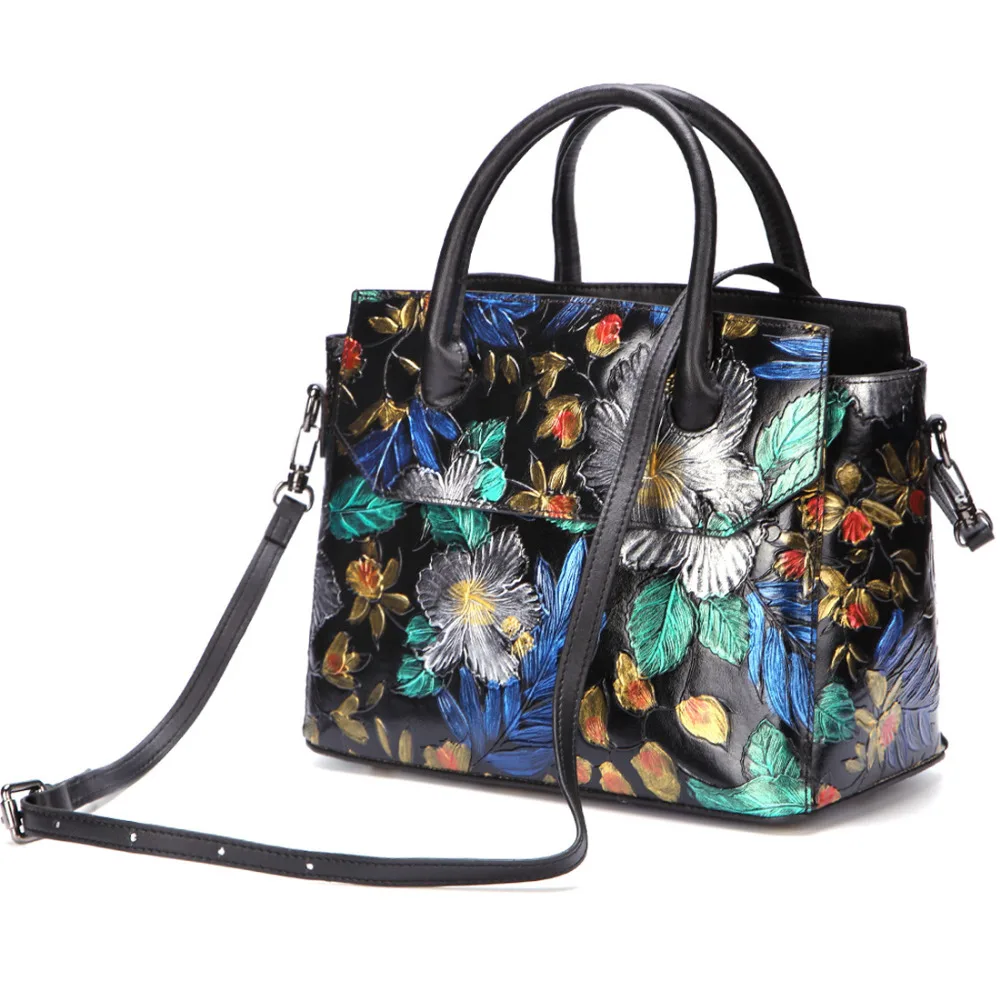 Floral de Alta Genuíno em Relevo Lidar com Bolsas Mulheres Ombro Mensageiro Crossbody Tote Bolsa Escova Cor Qualidade Couro Superior