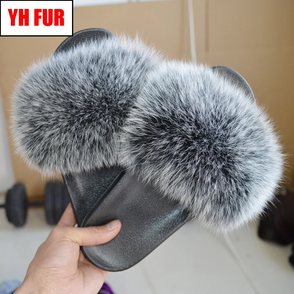

2019 Women New Style Real Genuine Fox Fur Slippers Summer Lovely Fluffy Real Fox Fur Slides Luxury Brand Fox Fur Flat Sandals