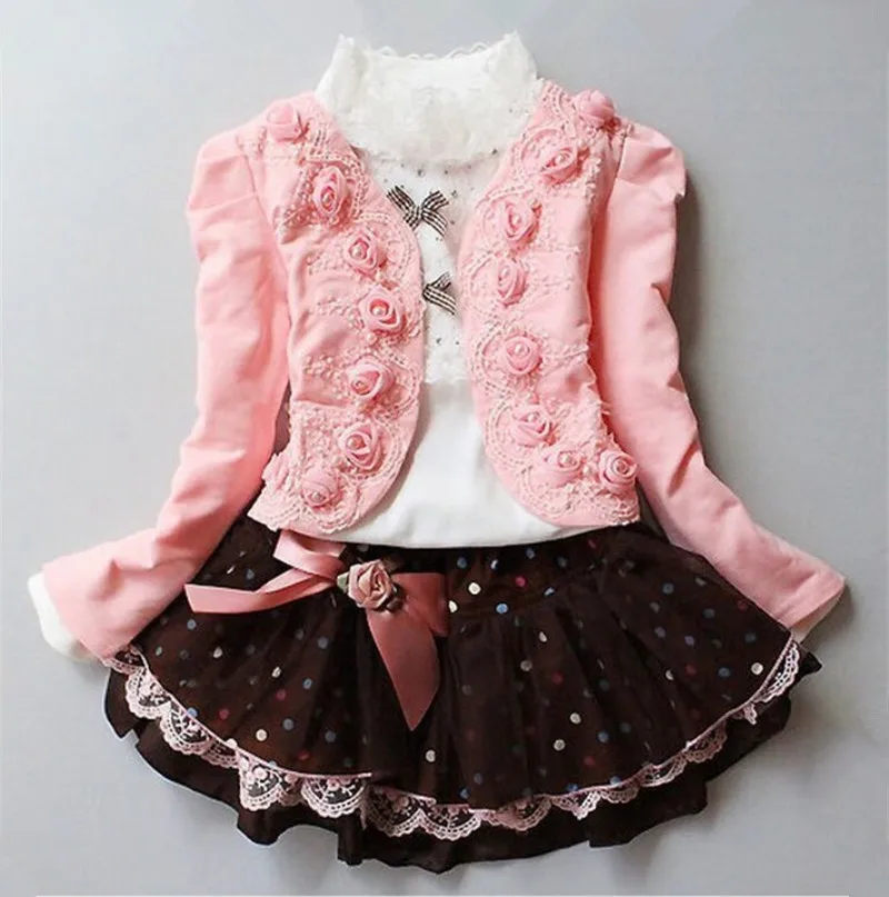 Одежда для девочек платье принцессы Комплект из трех предметов, футболка с розой Короткая Юбка качественная одежда для детей от 3 до 10 лет Лидер продаж года - Цвет: Розовый