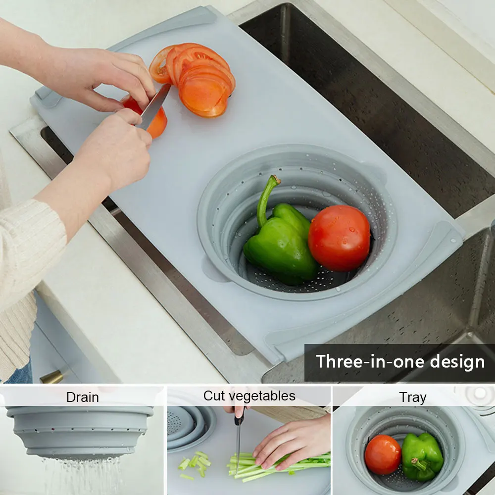 

3 IN 1 Multi-function Sink Drain Basket Cutting Board Filter Chopping Blocks Meat Vegetable Fruit Basket Storage Chopping Board