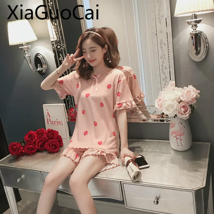 

Женская летняя Пижама, Женская милая Пижама с коротким рукавом, из двух частей, летняя пижама в Корейском стиле для дома, Пижамные шорты