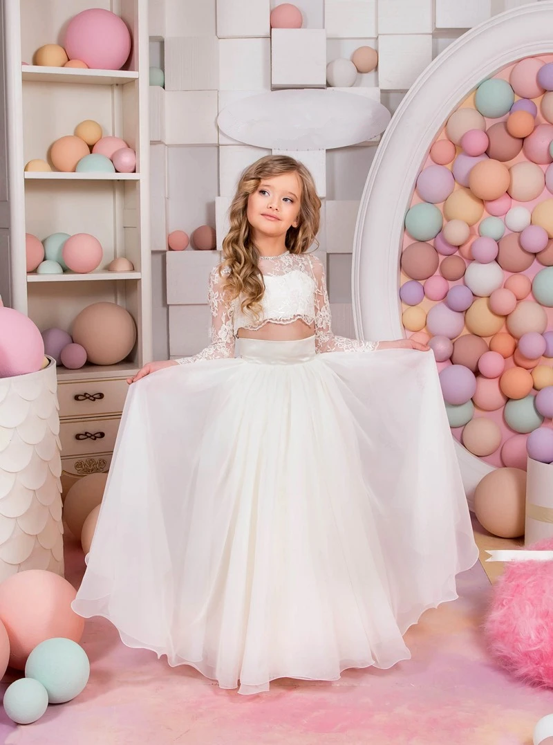 

2-14Years Girls Dresses Princess Wedding Party Dresses Floor Length Chiffon Lace Sheer Crew Crystal A Line Little Flower