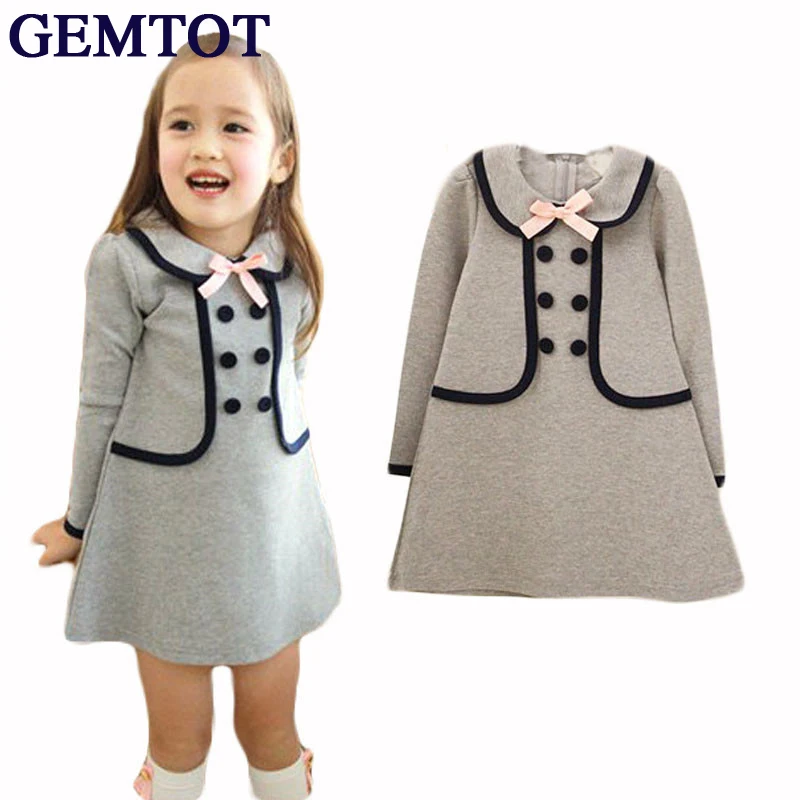

GEMTOT children's dress 2019 spring and autumn new college wind girls long-sleeved dress double-row button doll collar dress