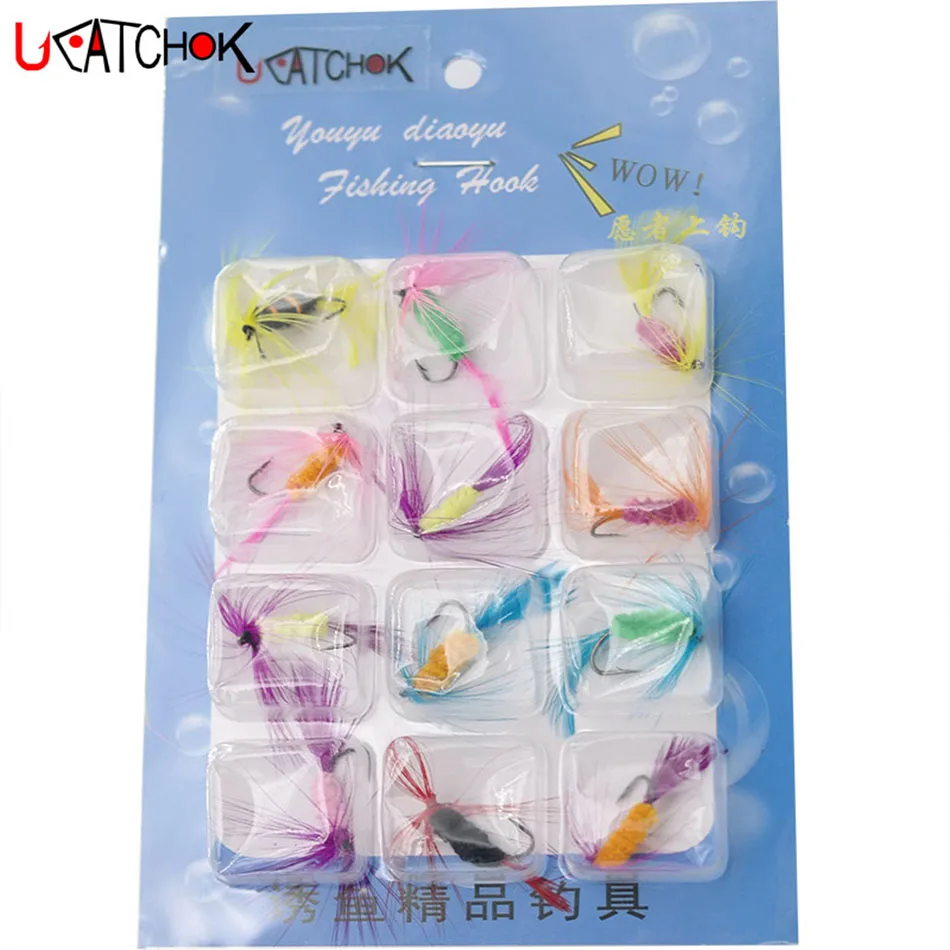 12Pcs//Set Various Dry Fly Hooks Fishing Trout Flies Hook Lures Tackle Tool Kit