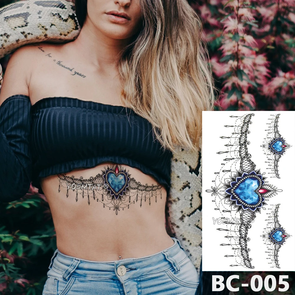 

1 Sheet Chest Body Tattoo Temporary Waterproof Jewelry Heart-shaped blue sapphire lace pattern Decal Waist Art Tattoo Sticker