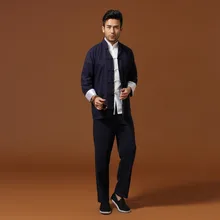 Темно-синий Традиционный китайский классический стиль кунг-фу комплект s m en's хлопково-Льняная куртка брюки костюм Размер s m L XL XXL XXXL Mnt01B