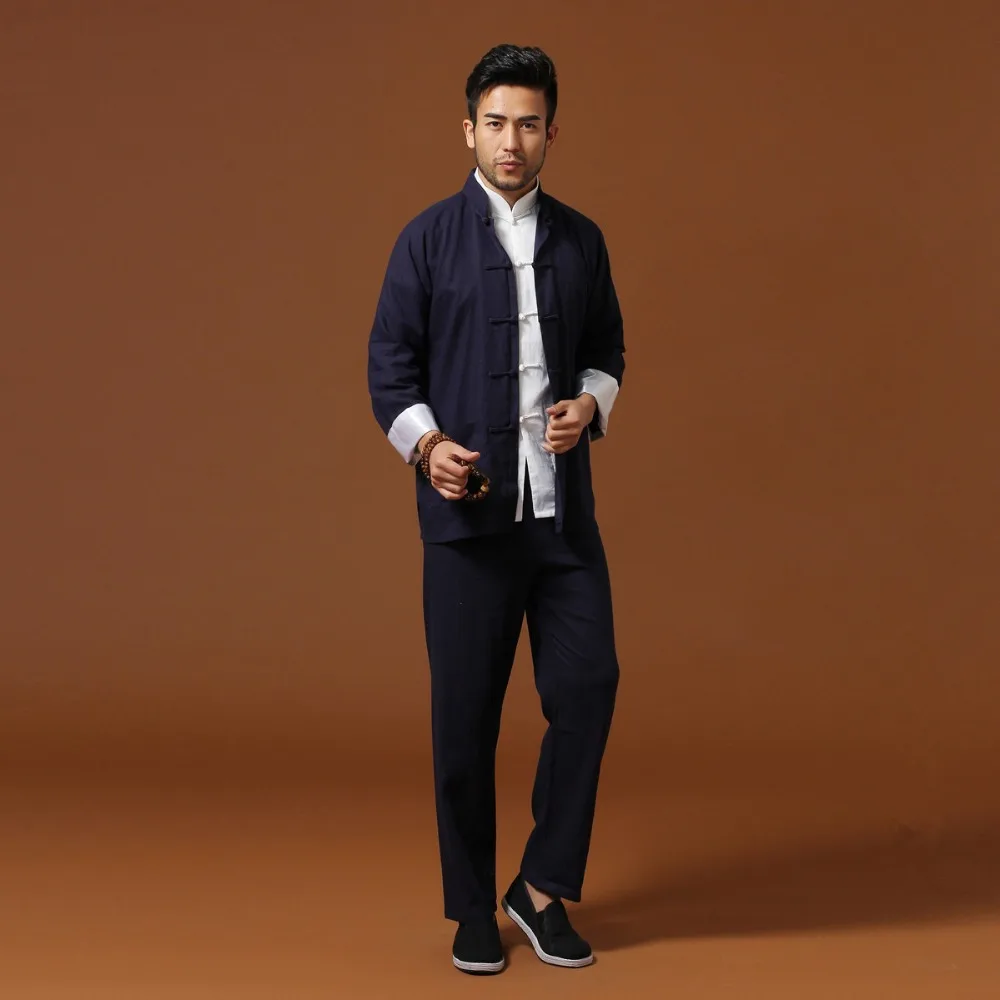 

Navy Blue Traditional Chinese Classic Style Kung Fu Sets Men's Cotton Linen Jacket Trousers Suit Size S M L XL XXL XXXL Mnt01B