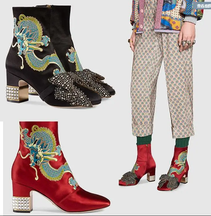 Talons Hauts En De noeud Hiver Chelsea Cristal Chaussures Dragon Soie Luxe Dames Arc Brodé Bottines Femmes Noir Clouté Satin p7qBPdnq