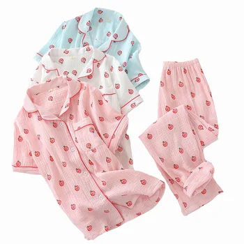 

2019 Spring New Ladies Pajamas Set Cute Lollipop Printed Crepe Cotton Women Sleepwear Short Sleeve+Pants Turn-down Neck Homewear