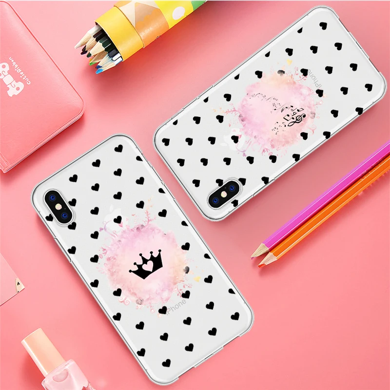 

DIFFRBEAUTY Cartoon Cute Heart Crown Note Phone Case Coque For iPhone XR 6 6S Plus X 5 SE Clear Phone Cover For iPhone 8 7 Plus