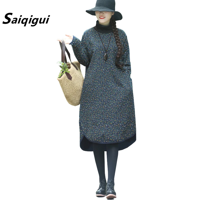 

Saiqigui 2019 Autumn winter dress thick Turtleneck long sleeve women dress casual Loose A-Line Cotton Linen dress vestidos