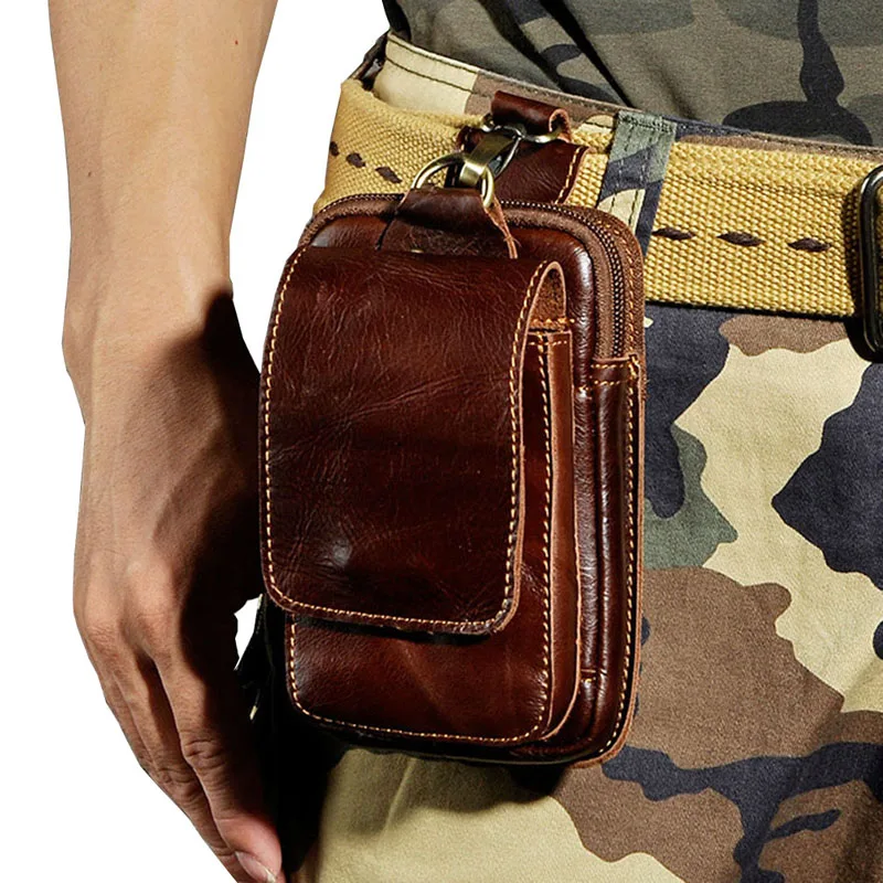 

Men Leather Fanny Pack Cell Phone Cigarette Key Case Coin Purse Pouch Hip Bum Belt Crazy Horse Cowhide Hook Waist Bag